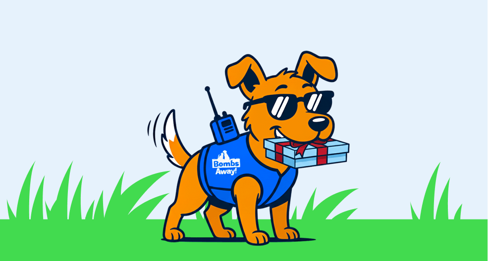 dog with gift in mouth on grass background