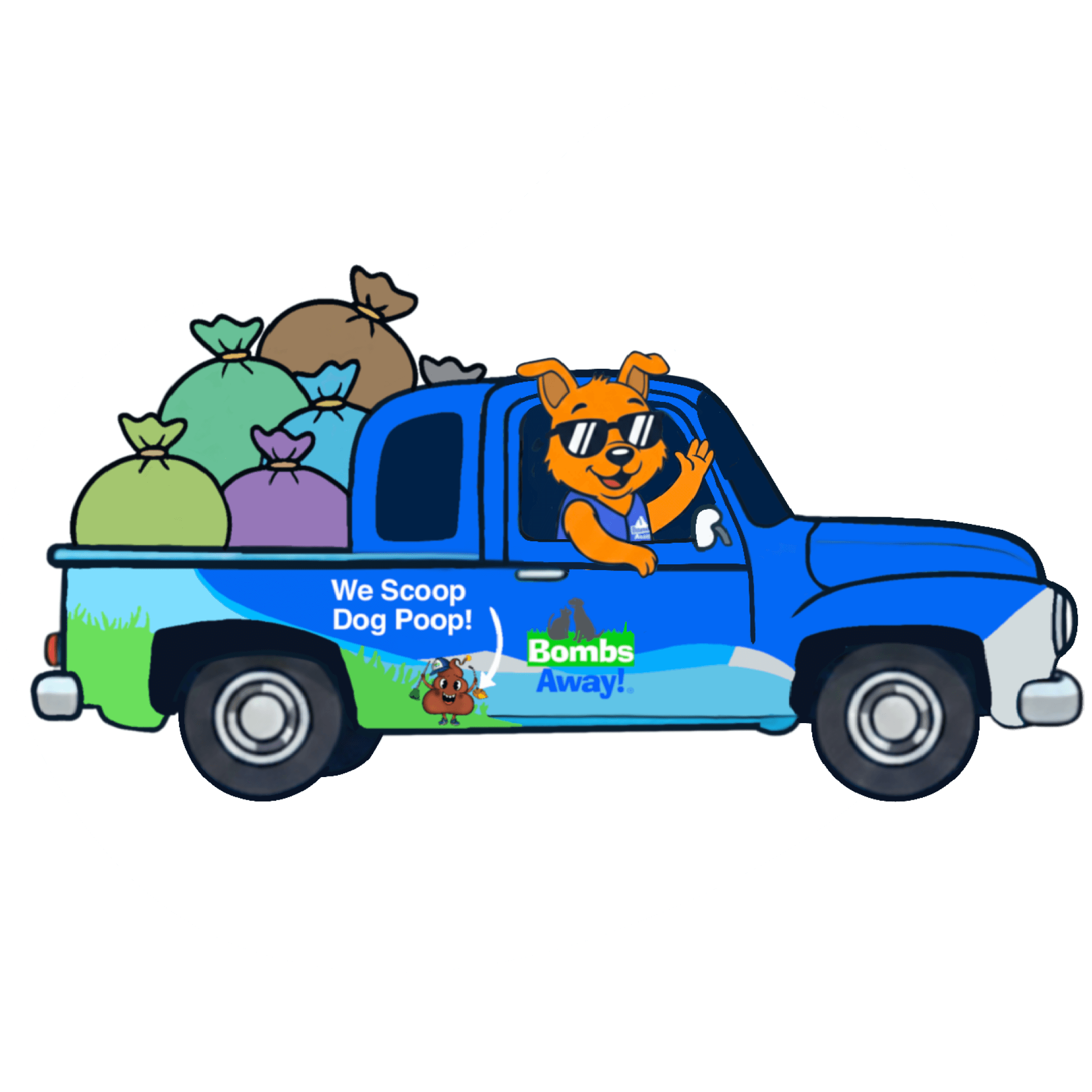 Dog driving bombs away truck full of poop bags