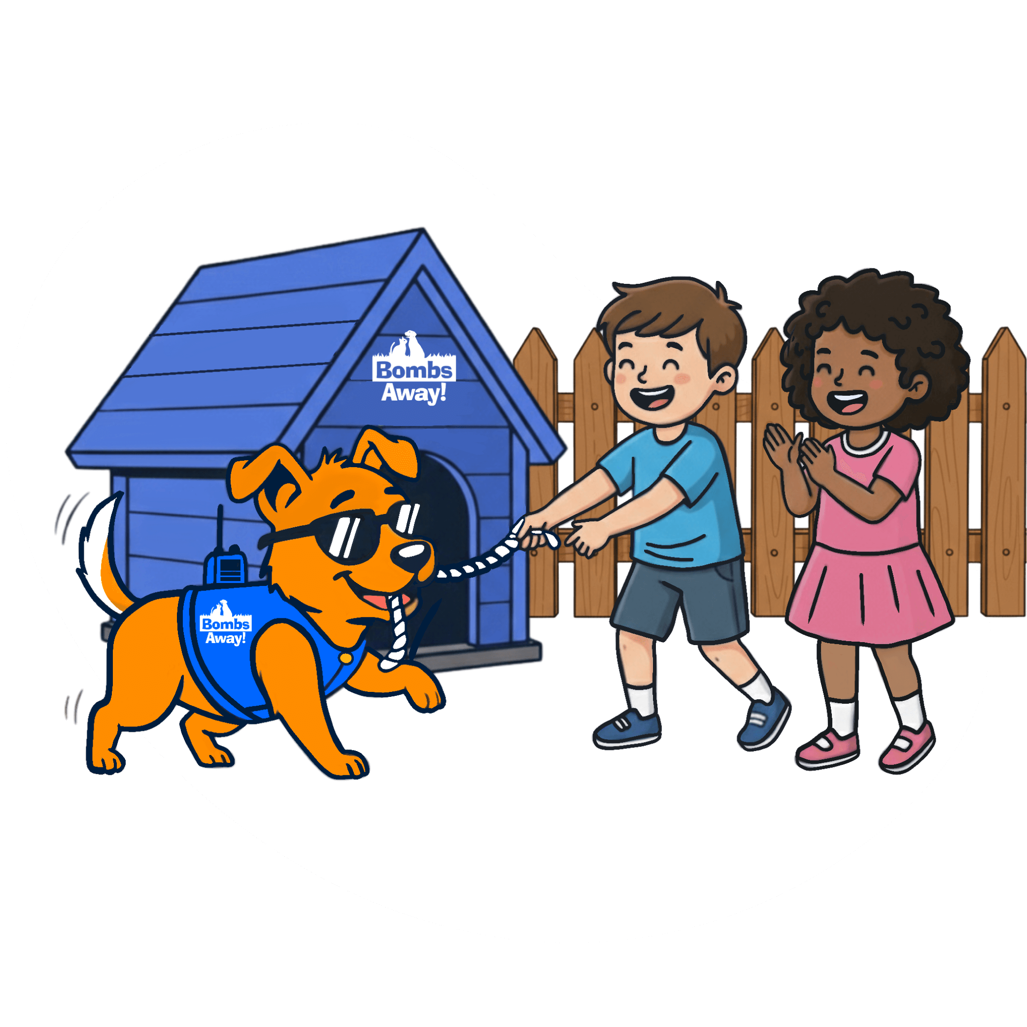 Dog playing with 2 kids in front of the bombs away dog house
