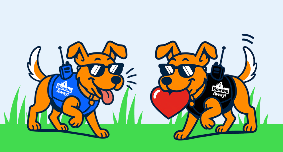 Dog giving a heart to another dog on grass background