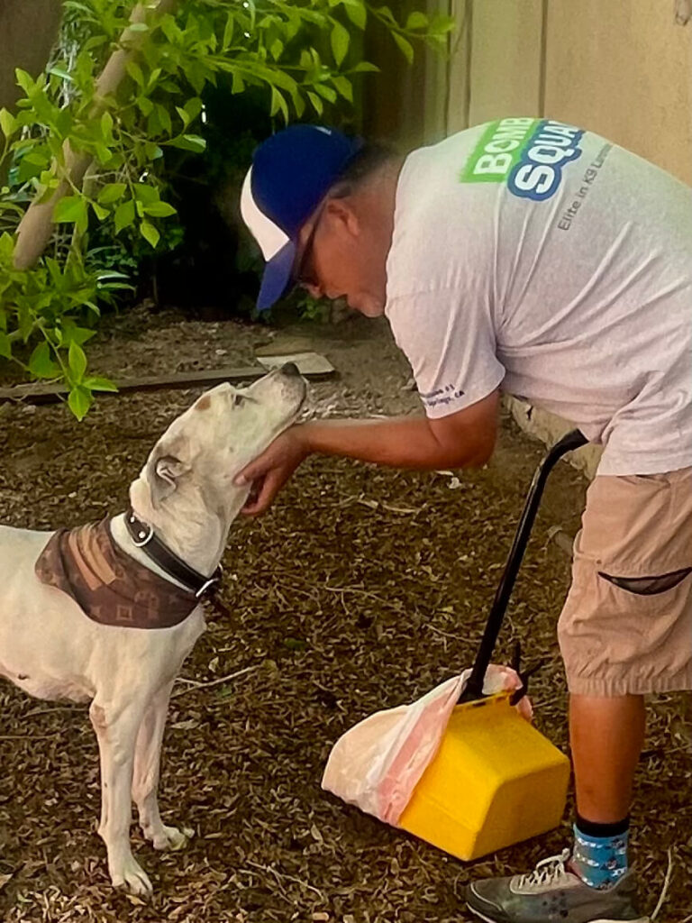 Bombs Away team member petting a dog