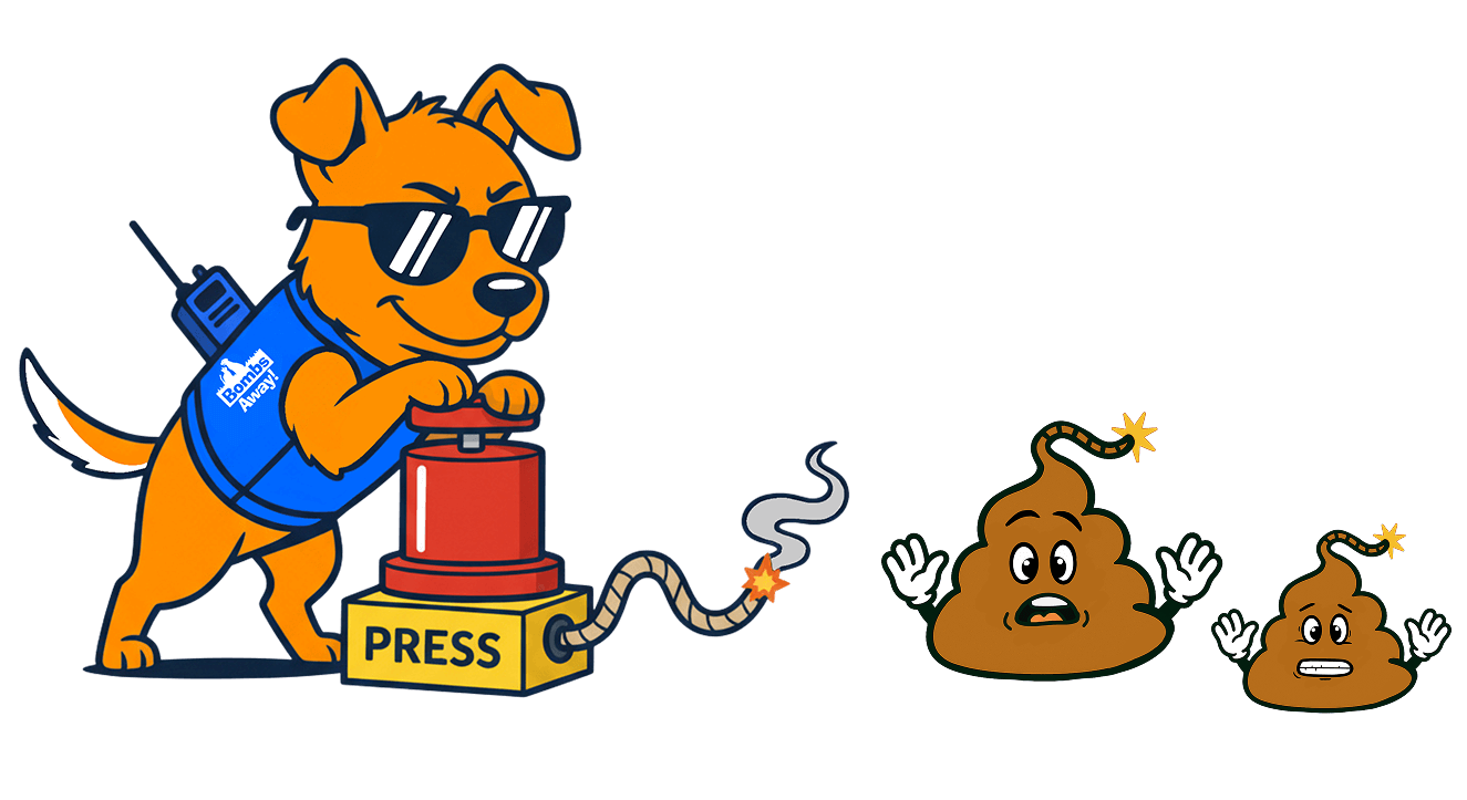 Dog pressing a detonator next to poops