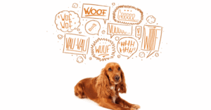 dog with cartoon-like doodles above indicating barking and other noises