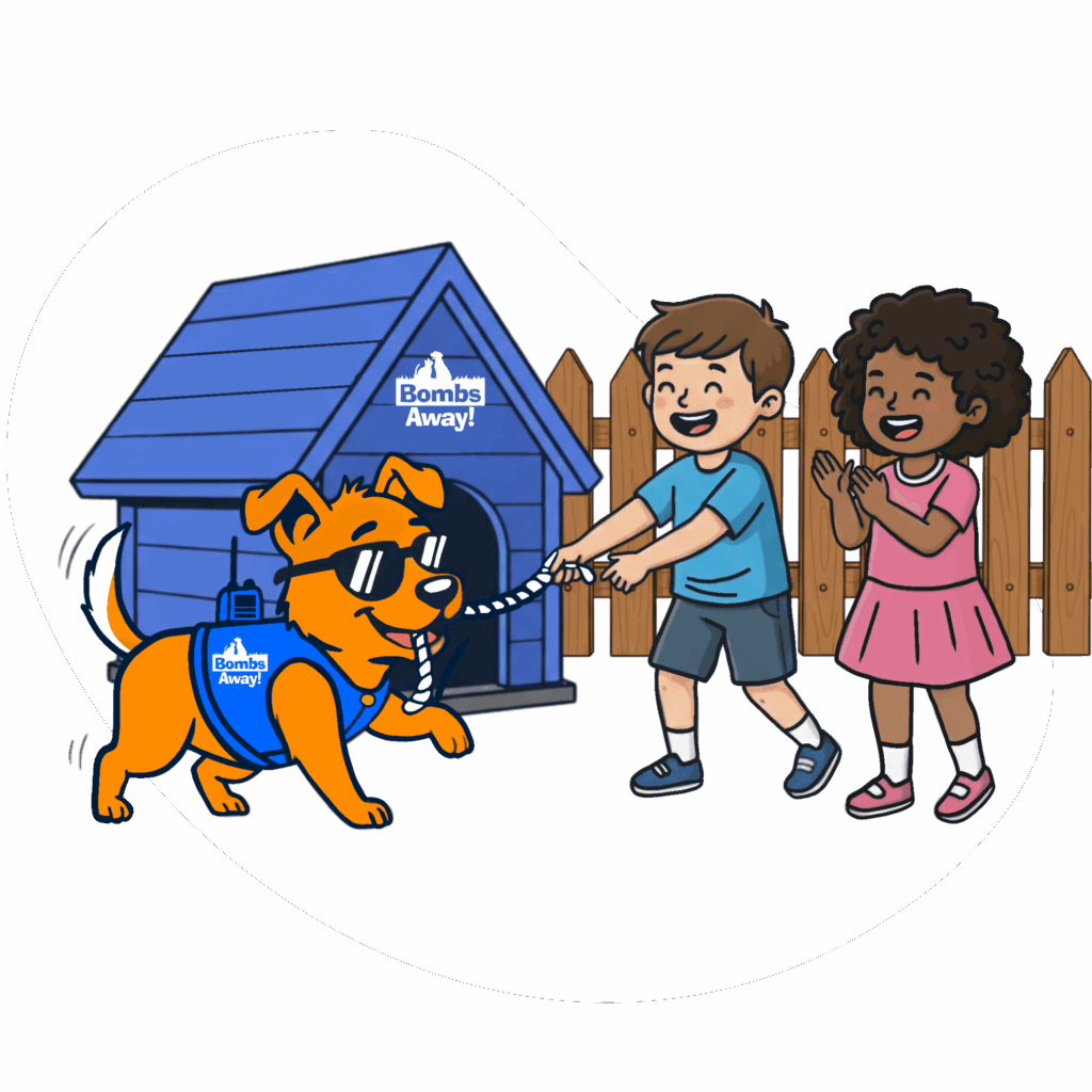Dog playing with 2 kids in front of the bombs away dog house