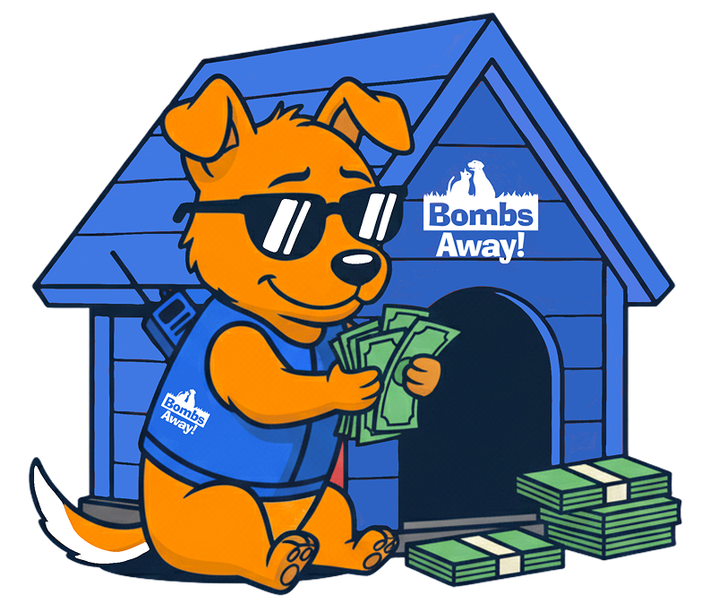 dog counting money in front of bombs away dog's house