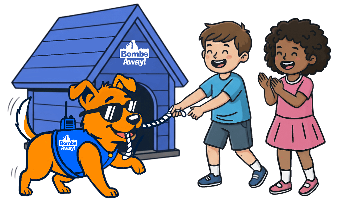 Dog playing with 2 kids in front of the bombs away dog house