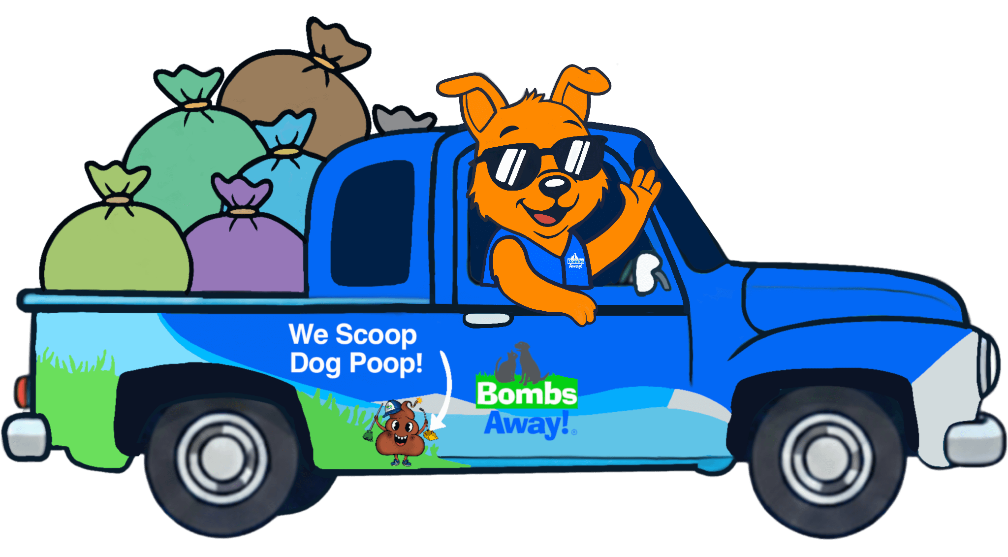 Dog driving bombs away truck full of poop bags