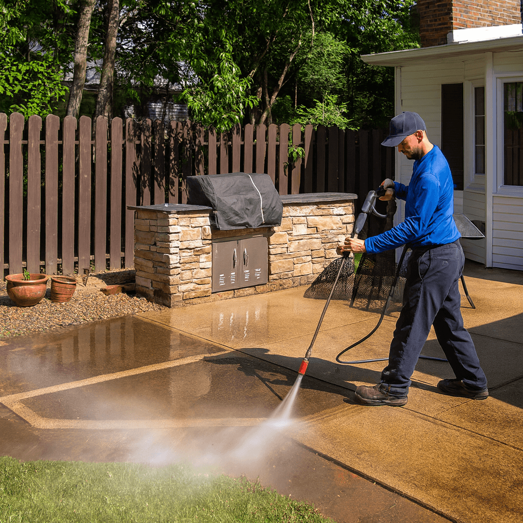 Worker pressure washing a yard